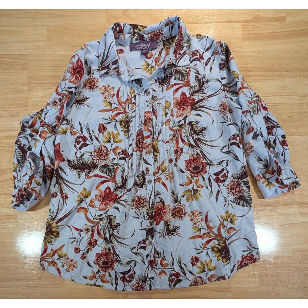 Gloria‎ Vanderbilt Casuals Linen Blend Floral Pintuck Button Up Shirt Blue Small